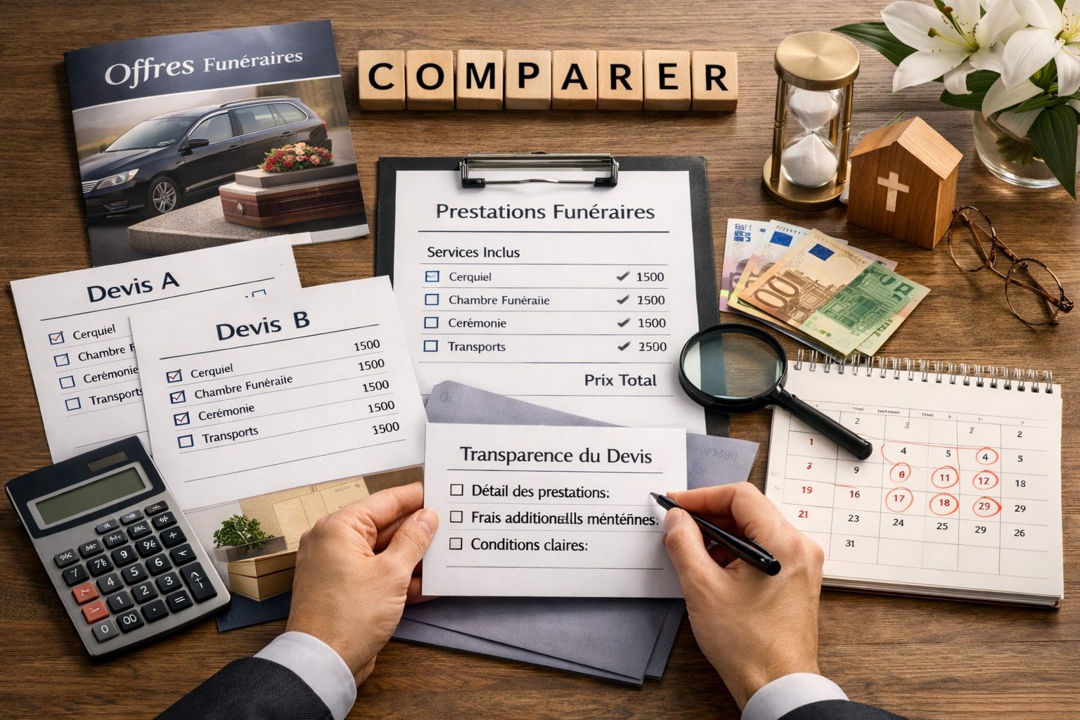 Comparaison de prestations funéraires avec devis, grille de services, transparence des tarifs et analyse des prix