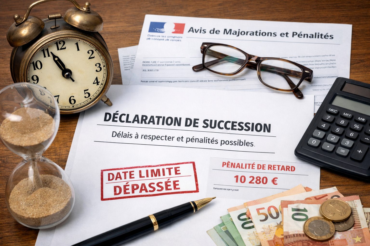 Déclaration de succession avec délai dépassé, pénalités de retard, horloge, sablier et calculatrice sur un bureau