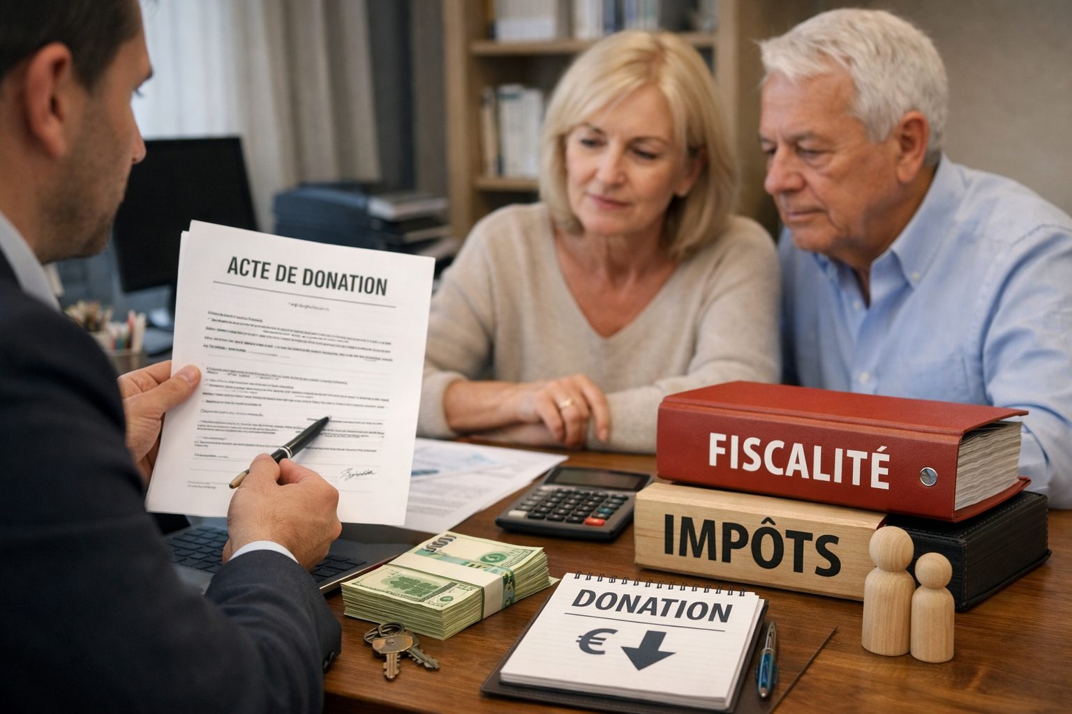 Illustration réaliste d’une transmission patrimoniale avec documents fiscaux liés à une donation