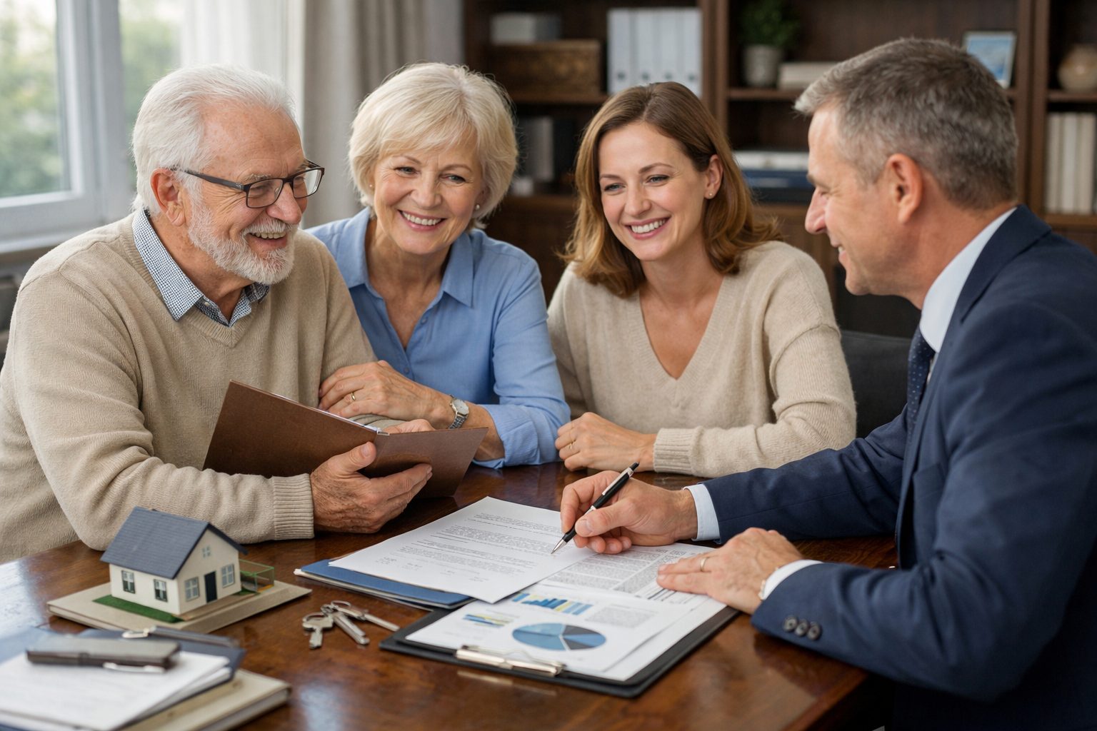 Famille en rendez-vous avec un conseiller patrimonial pour organiser une donation et la transmission de son patrimoine