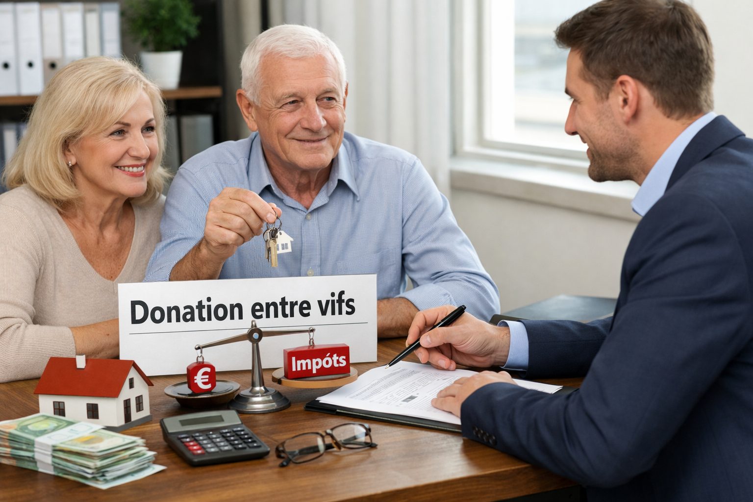 Couple en rendez-vous avec un conseiller pour préparer une donation entre vifs et analyser les avantages fiscaux ainsi que les limites juridiques