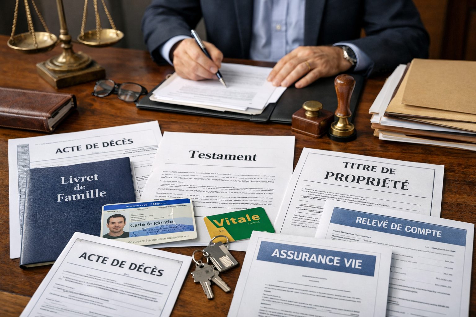 Dossier de succession avec acte de décès, livret de famille, testament et titre de propriété sur le bureau d’un notaire
