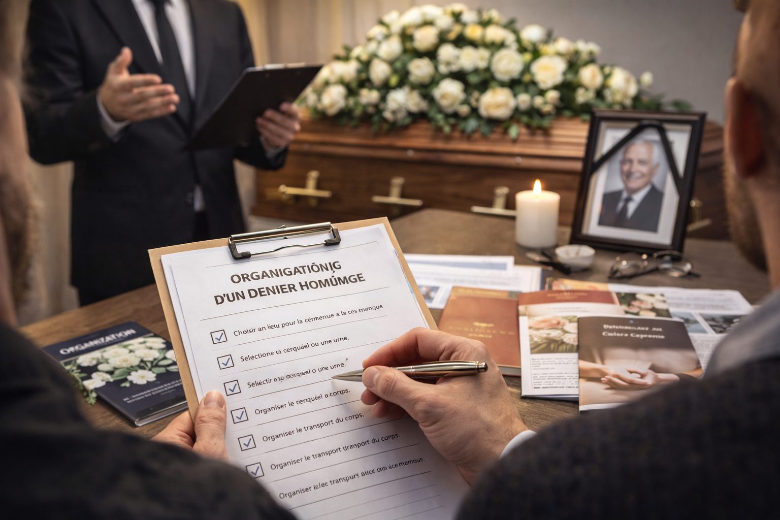 Organisation d’un dernier hommage avec cérémonie funéraire, cercueil, fleurs et préparation des étapes