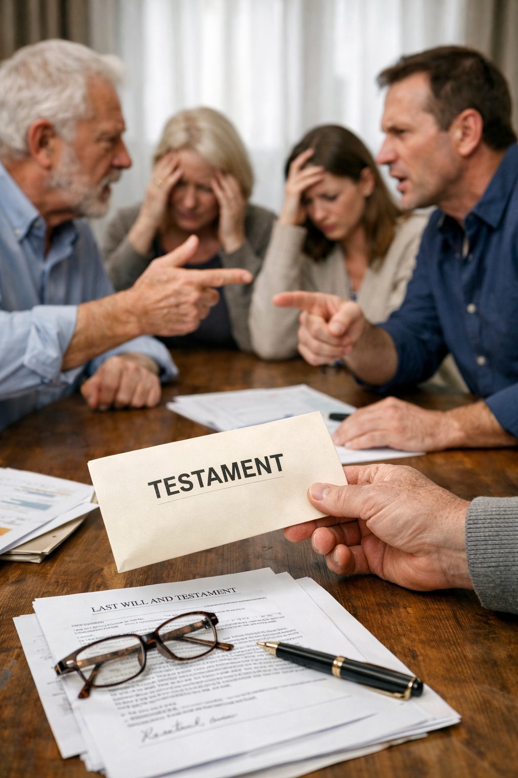 Conflit familial autour d’un testament lors d’une succession avec documents juridiques posés sur une table