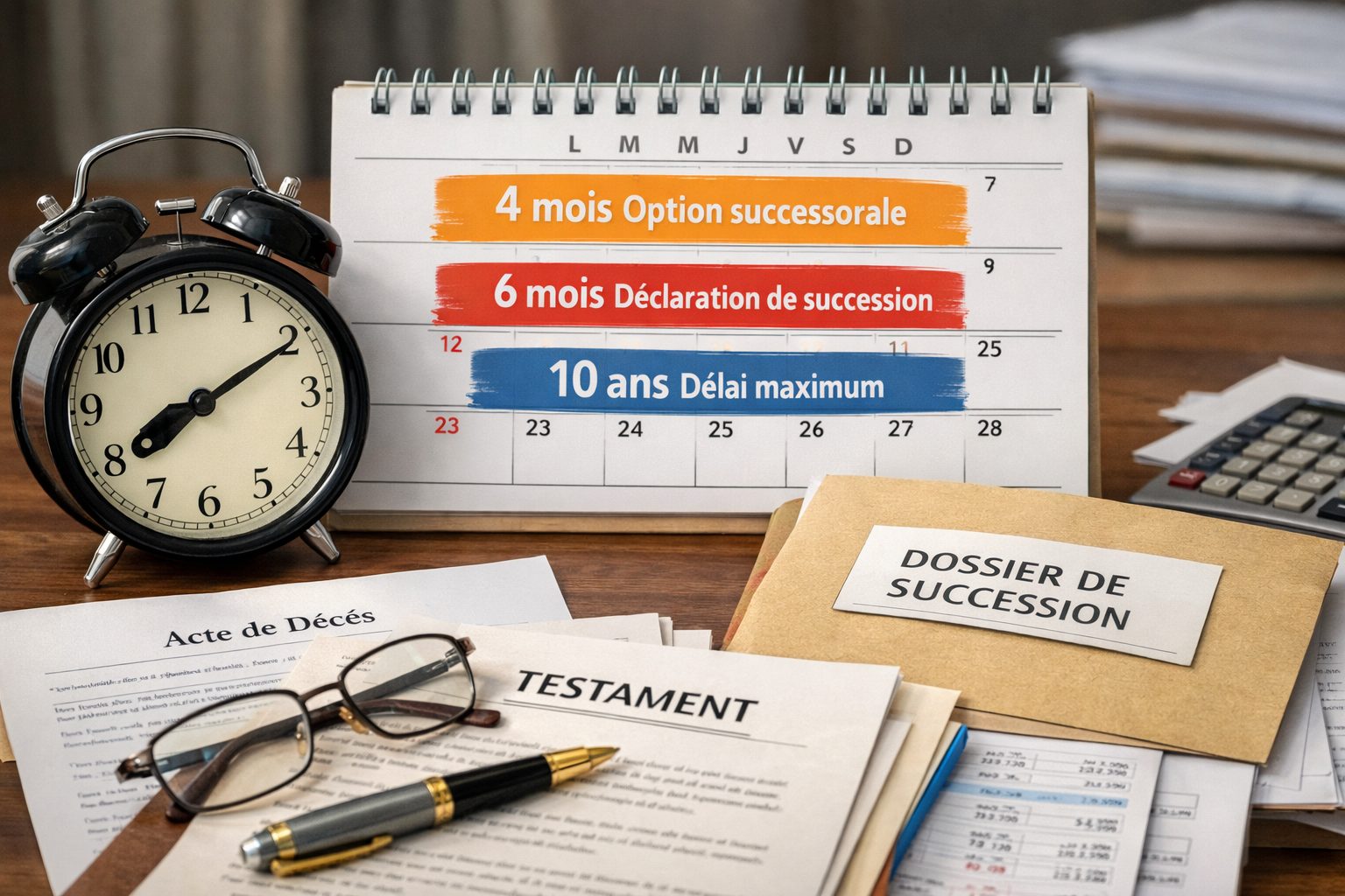 Calendrier des délais légaux d’héritage avec dossier de succession, testament et acte de décès