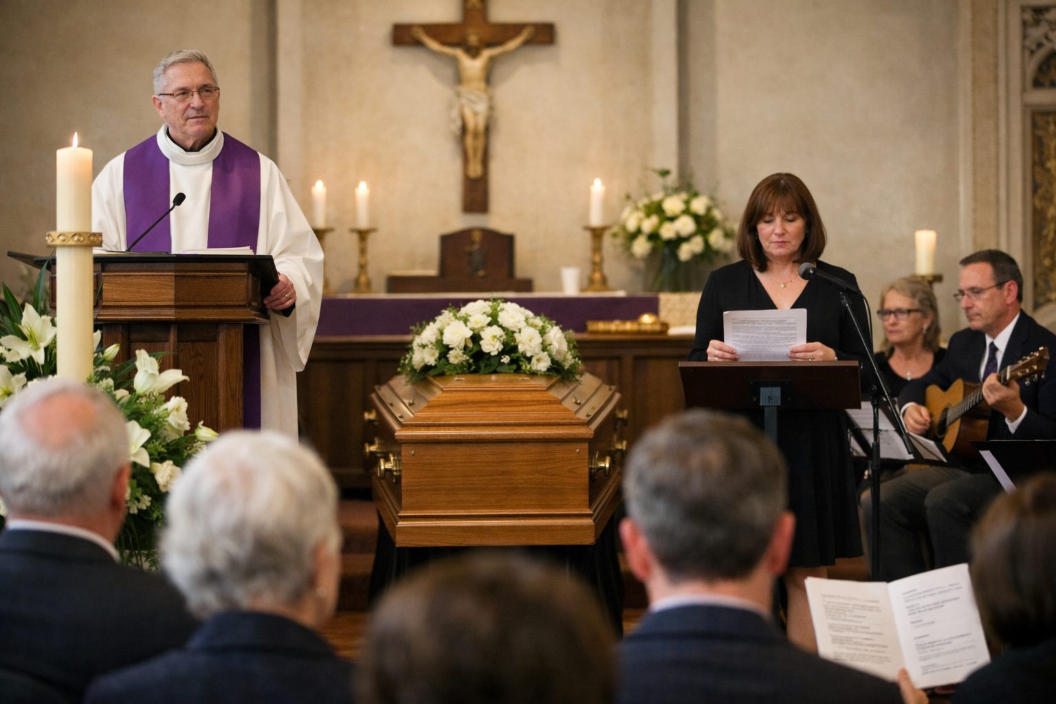 Hommage religieux lors d’obsèques avec prêtre, cercueil, lectrice, musiciens et assistance dans une église