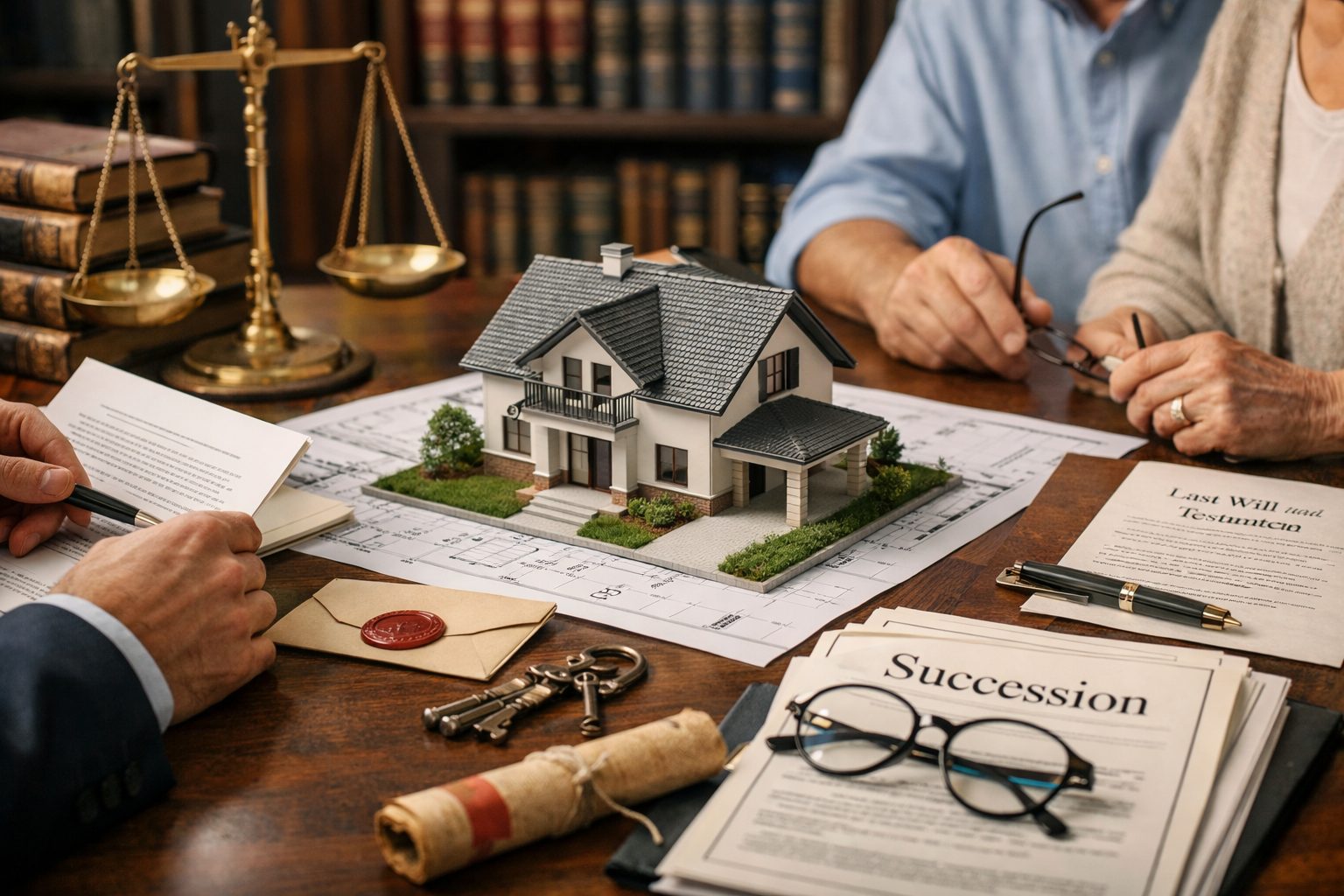 Patrimoine immobilier dans un cadre successoral avec maison familiale, documents notariés, estimation immobilière et transmission d’héritage