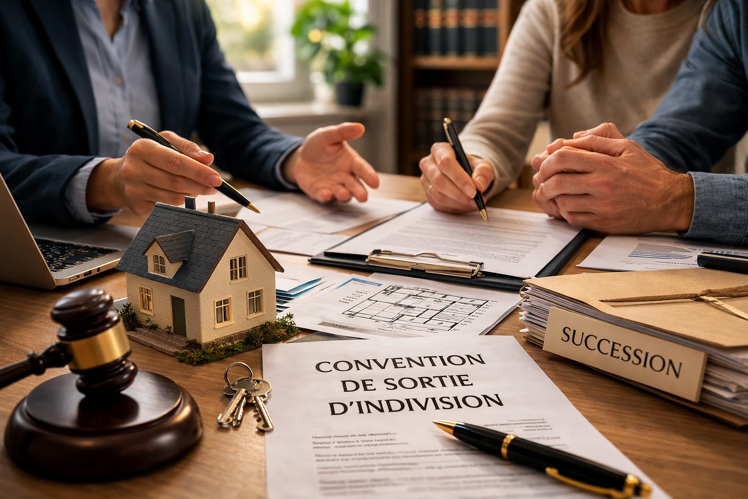 Réunion autour d’une indivision successorale avec documents juridiques, maison miniature et solutions pour sortir de l’indivision