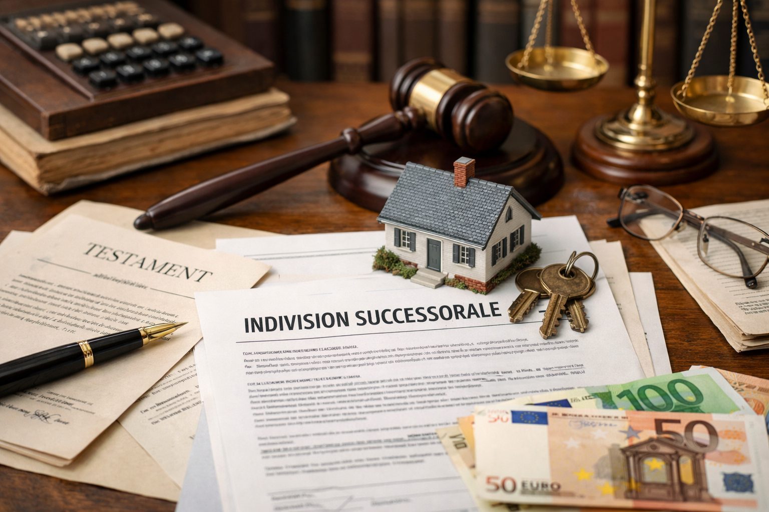 Illustration réaliste d’une indivision successorale avec documents de succession, clés, maison et conseils juridiques