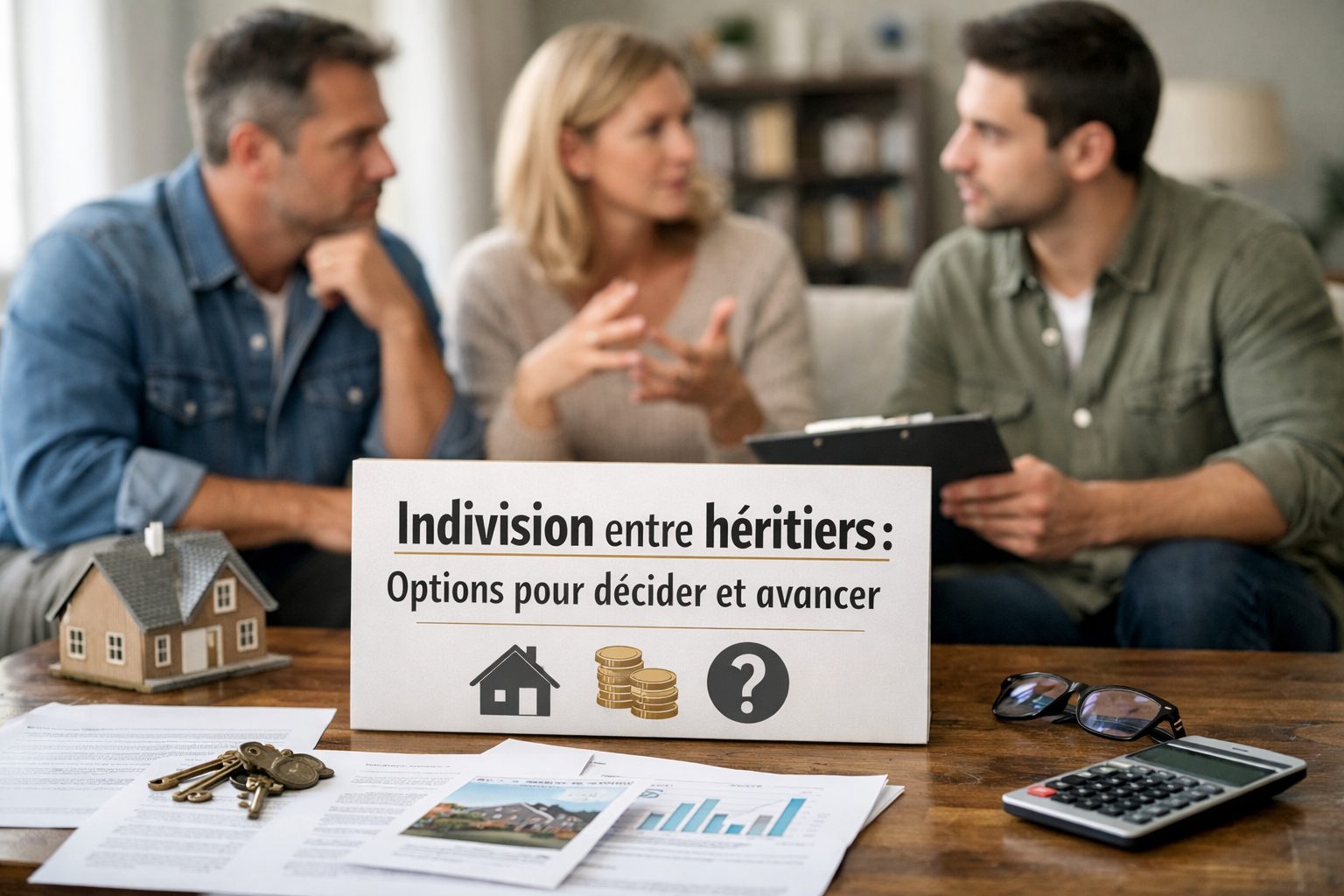 Réunion entre héritiers autour de documents de succession pour décider de la gestion d’un bien en indivision