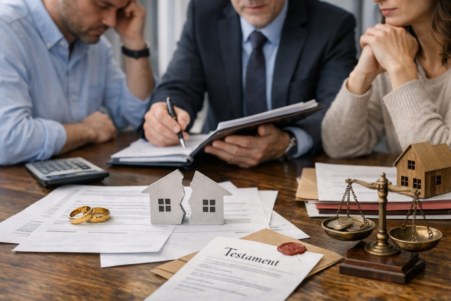 Liquidation du régime matrimonial et succession avec avocat, couple, documents juridiques, alliances et maison divisée