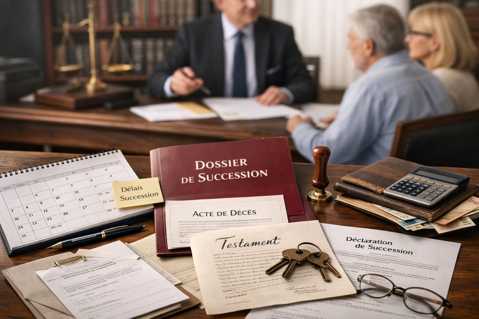 Ouverture d’une succession avec documents notariaux, calendrier des démarches, acte de décès, dossier patrimonial et rendez-vous chez le notaire