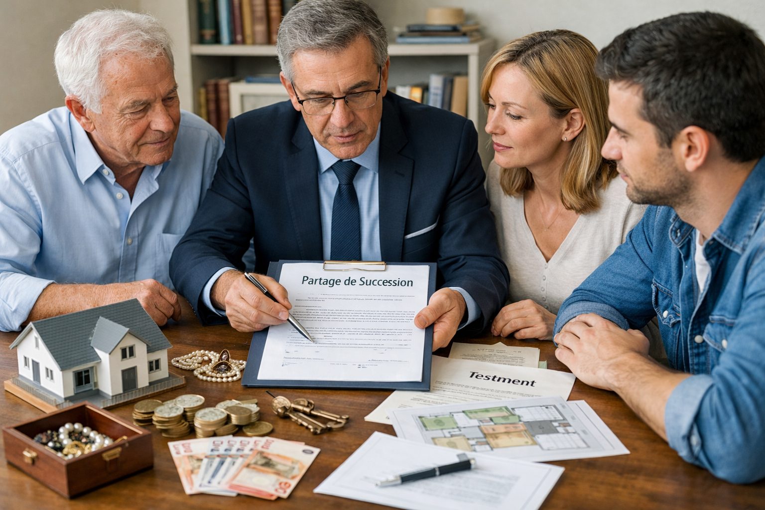 Famille réunie avec un notaire pour organiser le partage de succession et la répartition du patrimoine