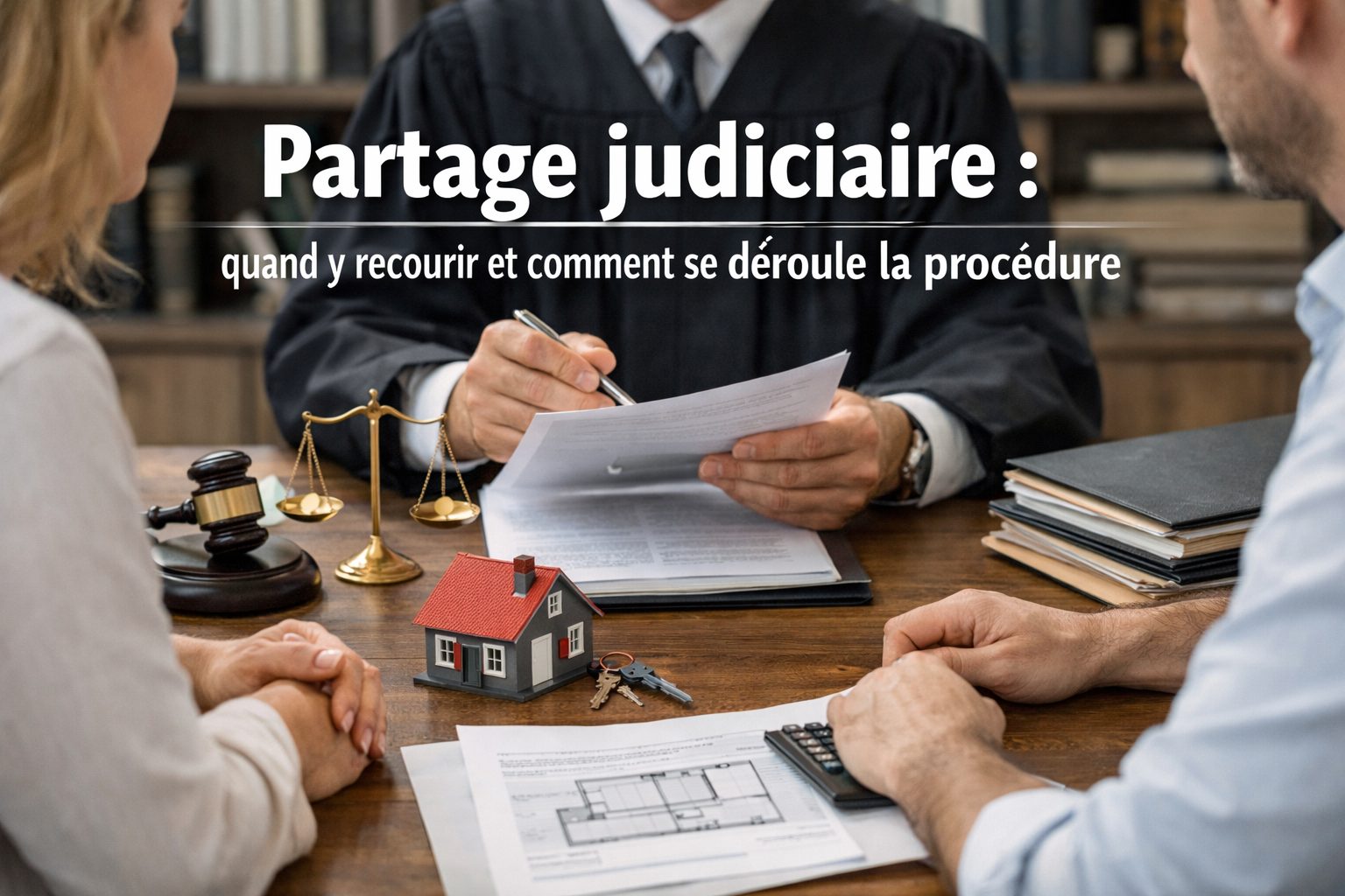Juge examinant un dossier de partage judiciaire avec deux parties en consultation autour d’une maison miniature et de documents juridiques