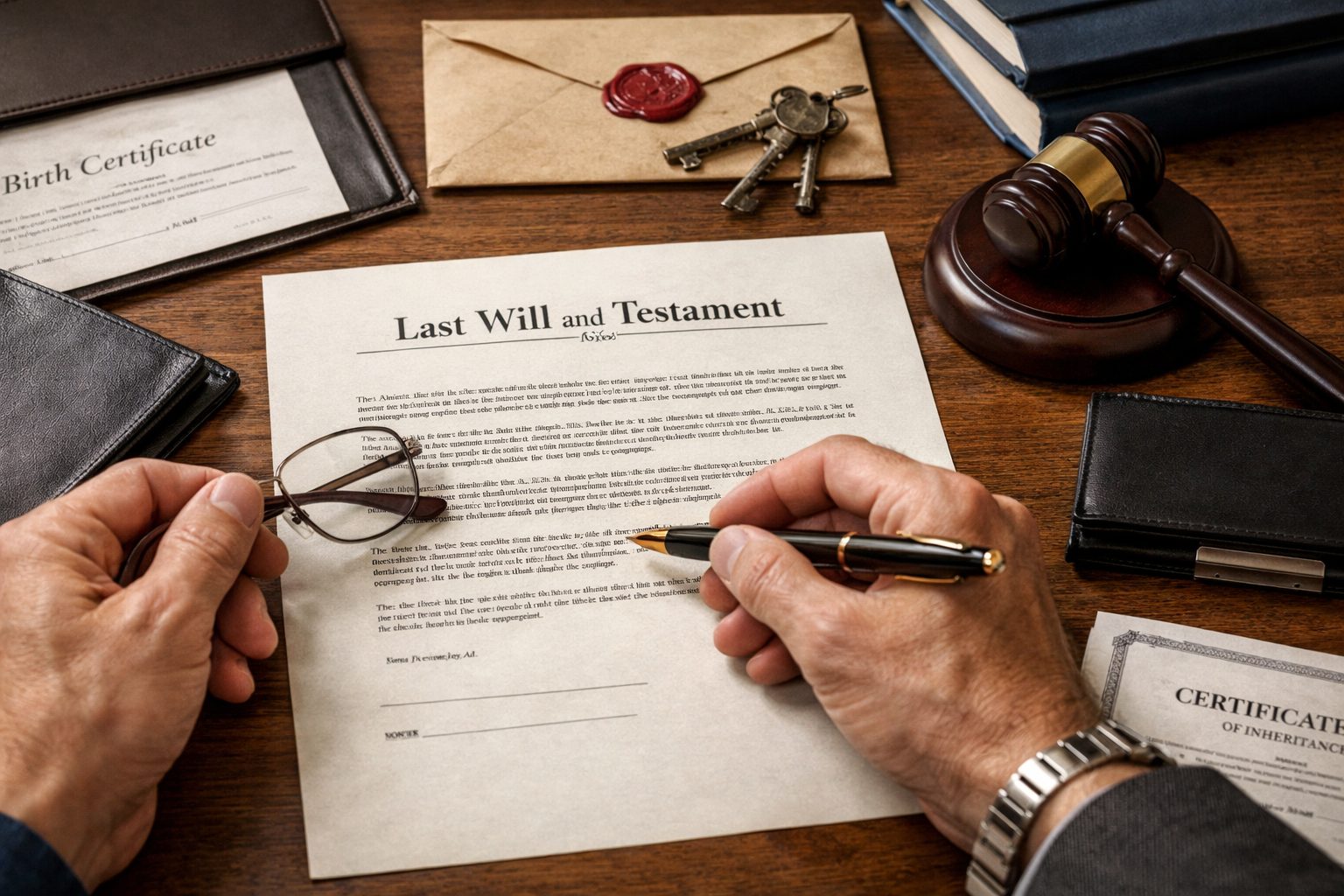 Signature d’un testament sur un bureau avec stylo, documents successoraux et marteau de justice