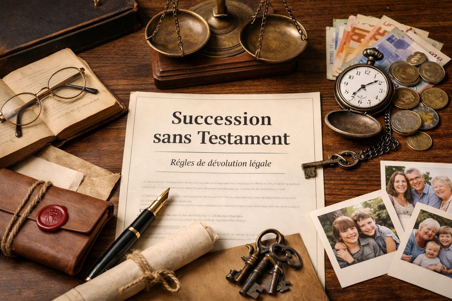 Document sur la succession sans testament avec objets symbolisant l’héritage, les règles successorales et l’ordre des héritiers