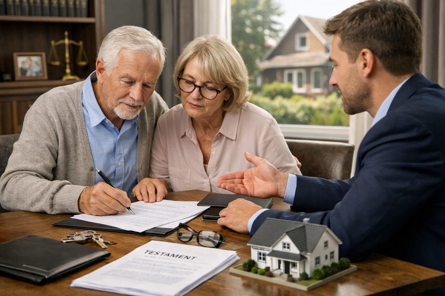 Couple senior avec conseiller examinant des documents pour sécuriser un héritage immobilier