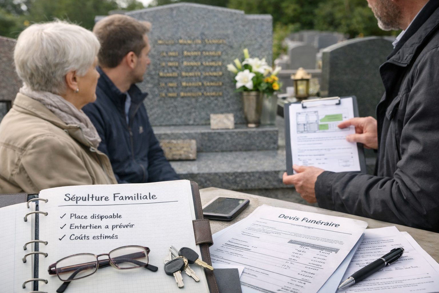 Sépulture familiale avec consultation au cimetière, documents, devis funéraire et arbitrages pour organiser la tombe familiale