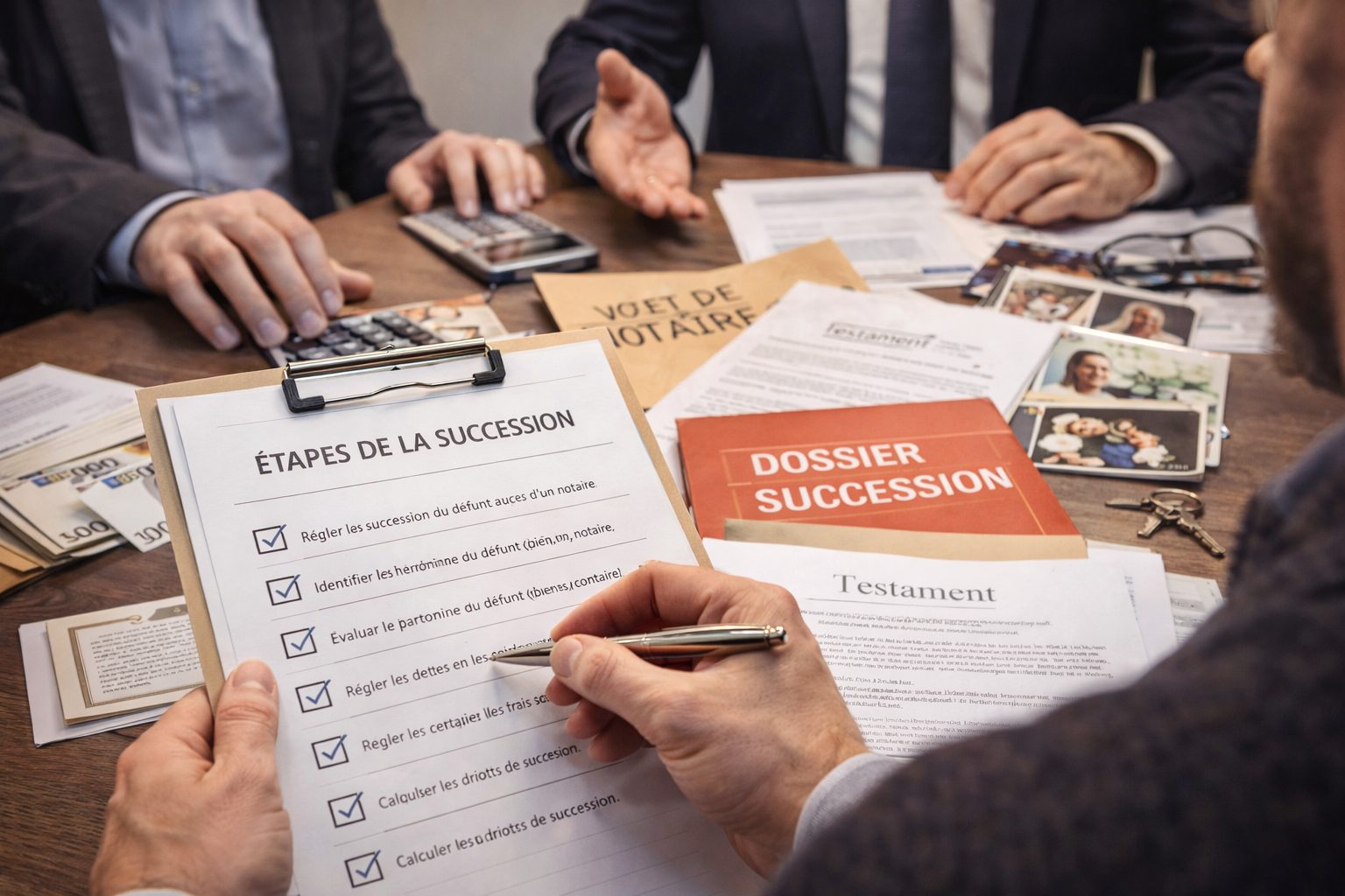 Documents de succession après décès avec dossier notarial, testament et étapes de règlement