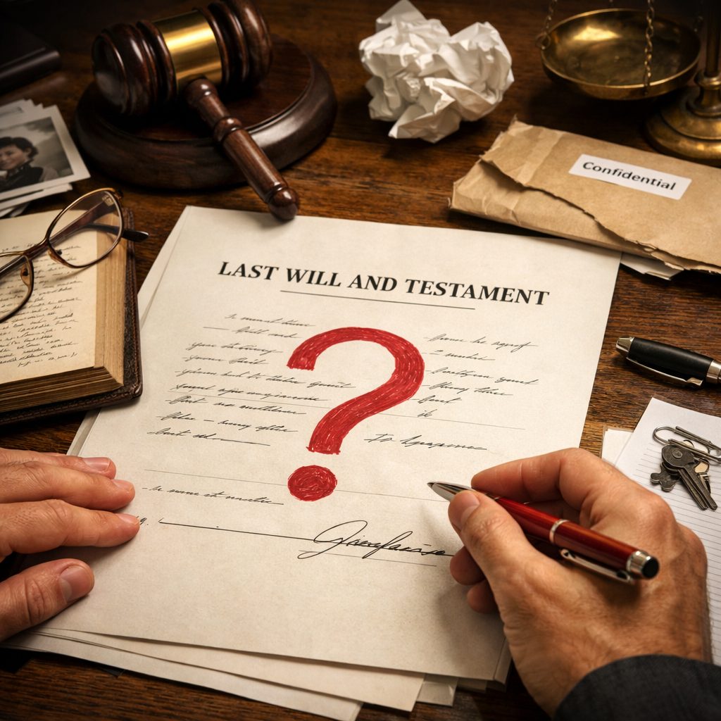 Testament avec points de contestation juridiques sur un bureau de notaire