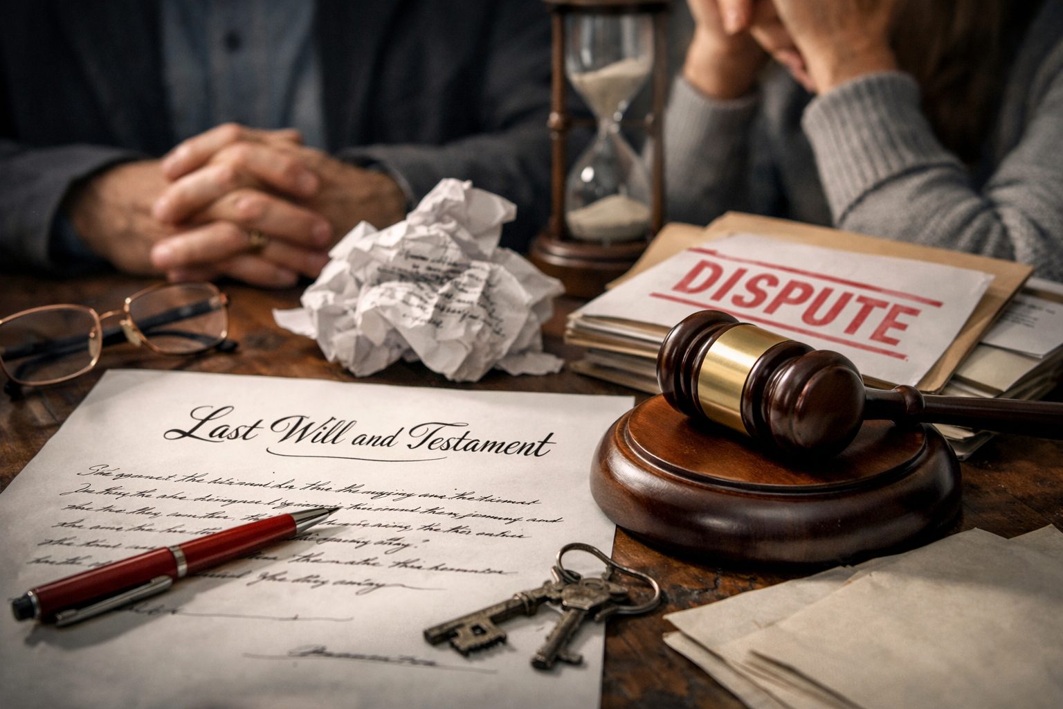 Testament mal rédigé avec documents juridiques, maillet de justice et héritiers en situation de conflit successoral