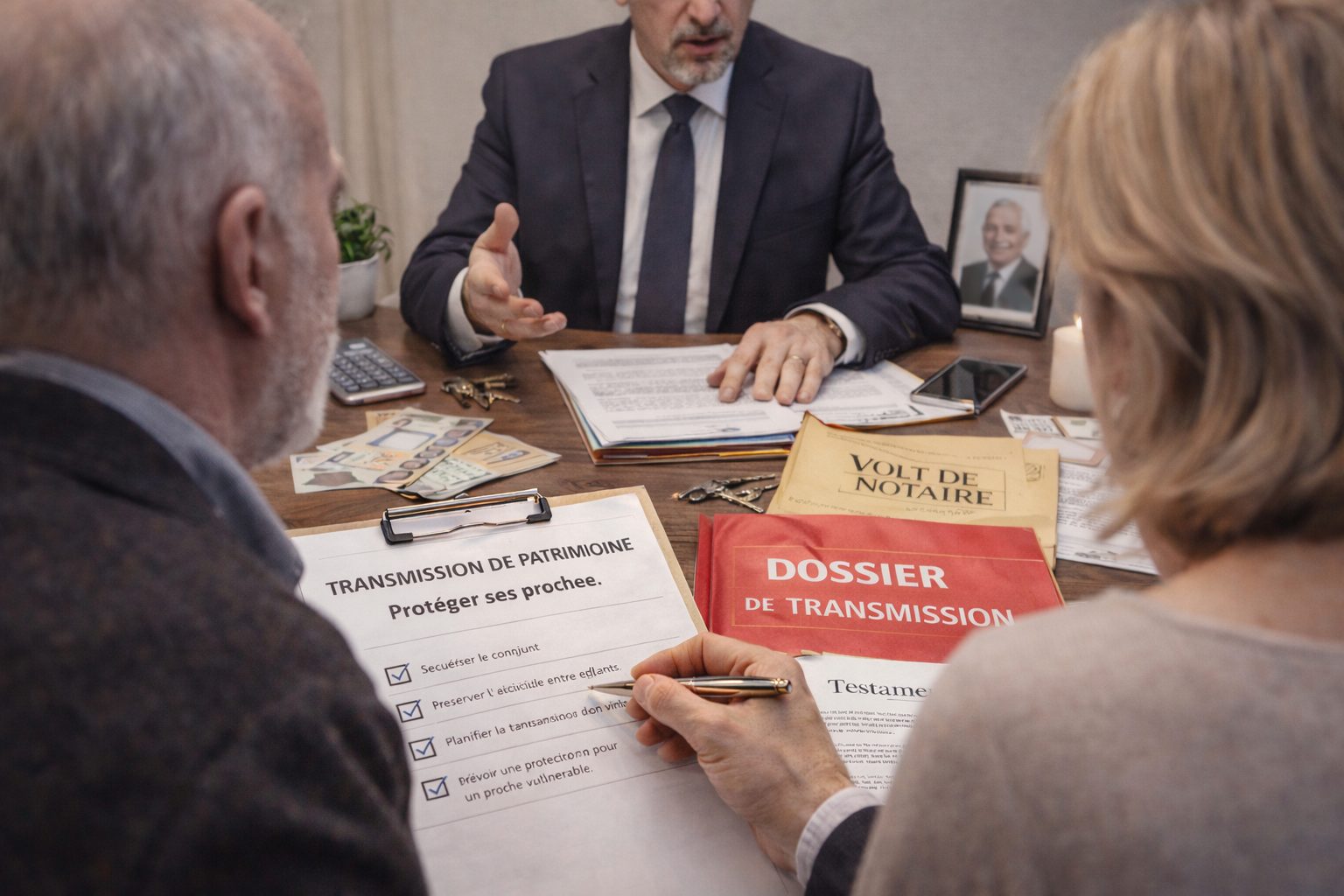 Conseil en transmission de patrimoine avec couple et documents pour protéger ses proches