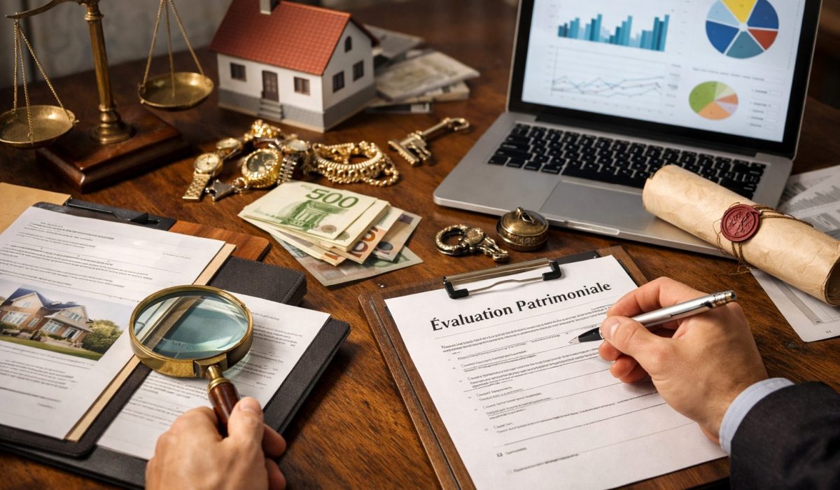 Évaluation d’un patrimoine successoral avec documents, immobilier, bijoux, liquidités et analyse financière