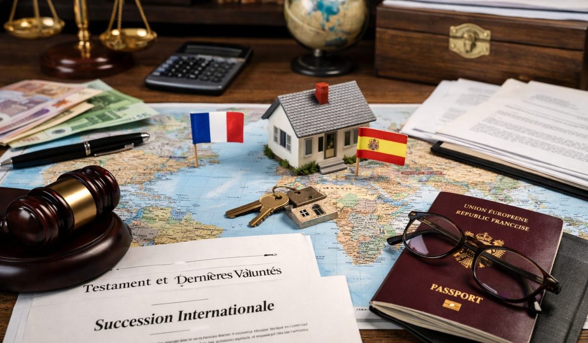 Bureau de notaire avec documents de succession internationale, maison miniature, clés, passeport et carte du monde pour illustrer des biens à l’étranger en cas de succession