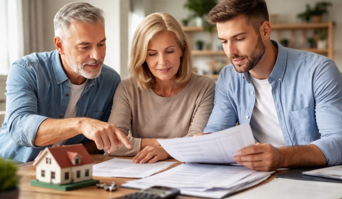 Famille réunie autour de documents pour gérer une indivision familiale et envisager une sortie du bien immobilier