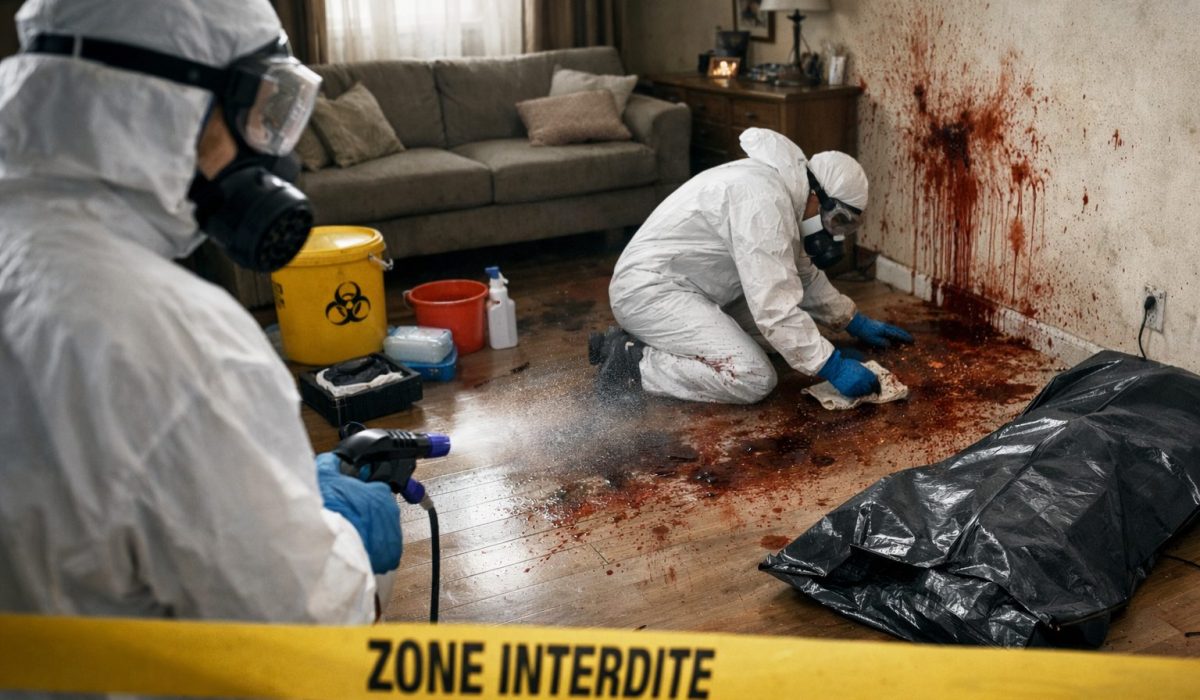 Technicien spécialisé en combinaison de protection réalisant un nettoyage après décès selon des protocoles sanitaires stricts dans un logement