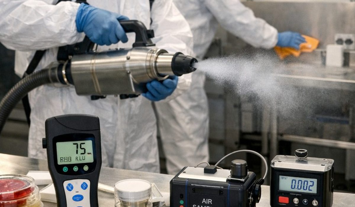 Équipe de décontamination professionnelle en intervention avec pulvérisation, nettoyage technique et contrôle qualité en environnement industriel