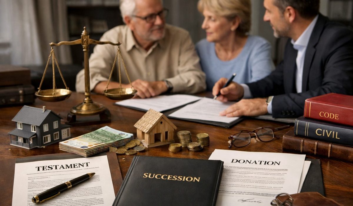 Couple en rendez-vous avec un conseiller patrimonial pour organiser une transmission et limiter légalement les droits de succession