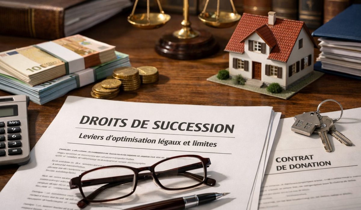 Image ultra réaliste illustrant les droits de succession avec documents juridiques, maison miniature, argent, clés et contrat de donation