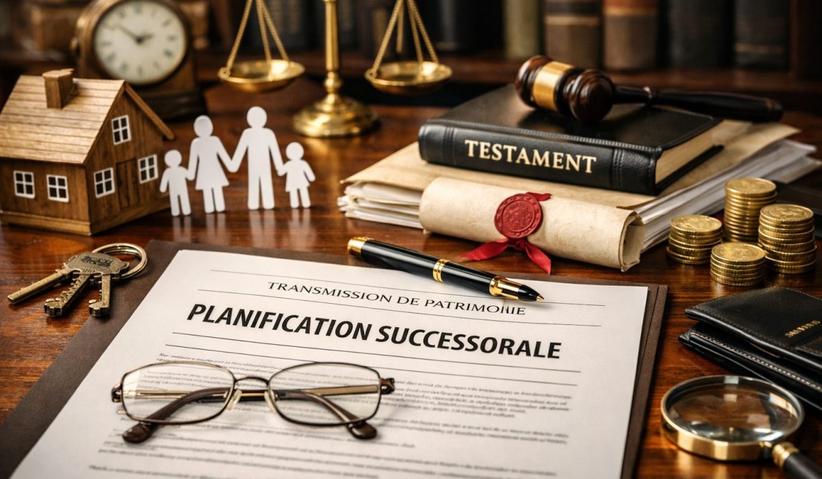 Planification successorale avec documents juridiques, patrimoine familial, maison miniature et symboles de transmission