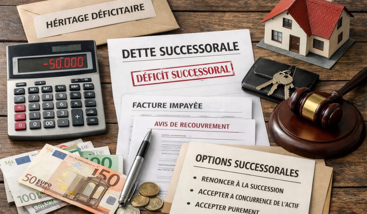 Héritage déficitaire avec documents successoraux, calculatrice affichant un solde négatif, maison miniature et marteau de justice
