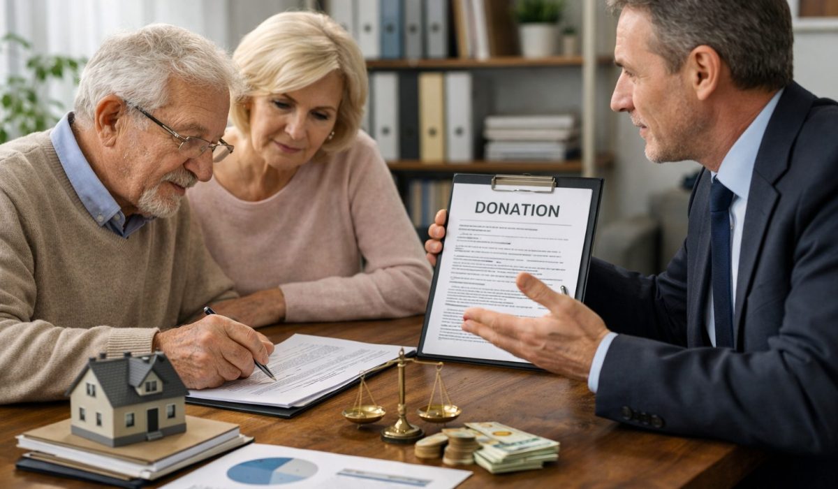 Couple senior en rendez-vous avec un conseiller pour préparer une donation et optimiser la transmission de patrimoine