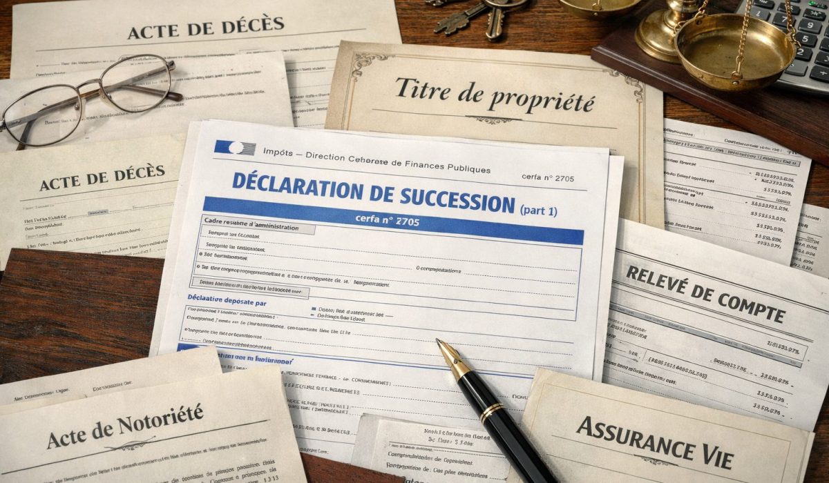 Documents de déclaration de succession avec acte de décès, titre de propriété, relevé de compte et assurance vie sur un bureau