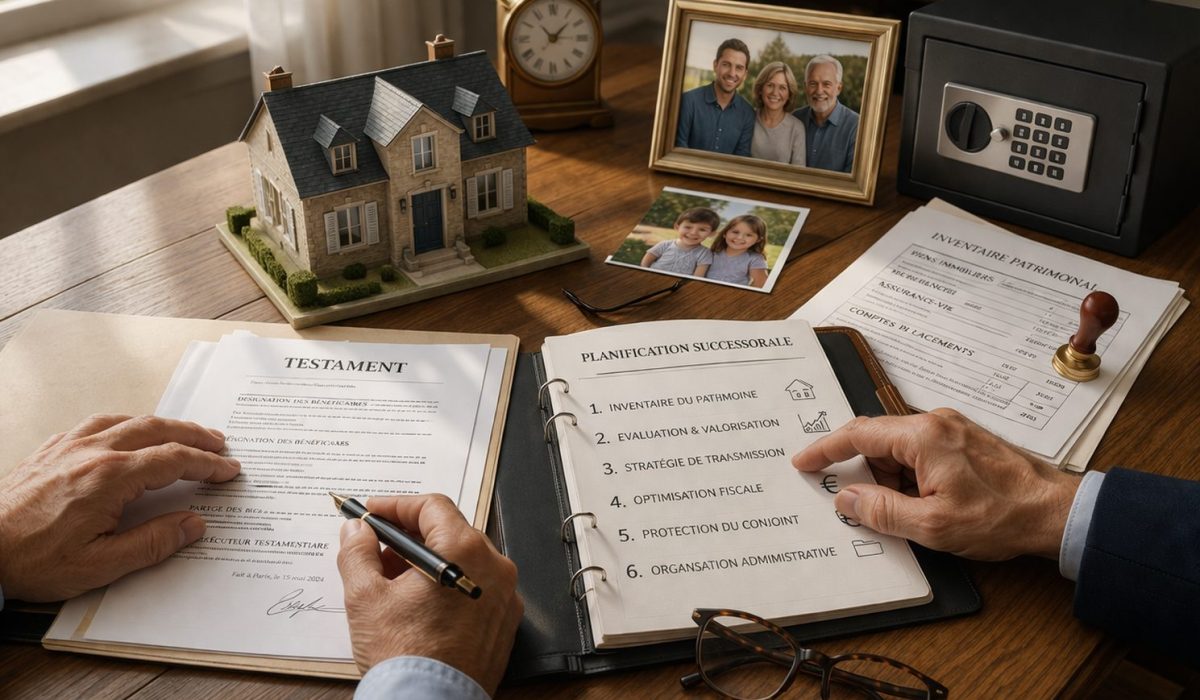 Structuration d’un patrimoine successoral avec documents, maison miniature et coffre-fort dans un cadre de planification successorale