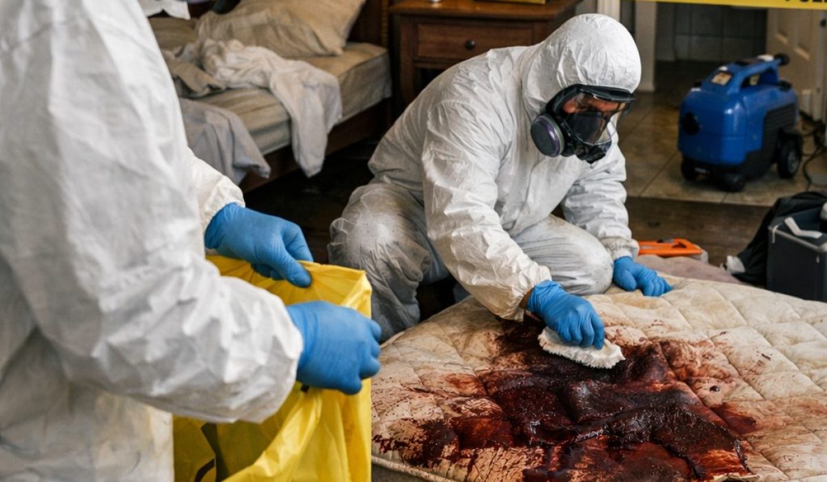 Techniciens en tenue de protection réalisant un nettoyage après décès dans une chambre lors d’une intervention professionnelle spécialisée.