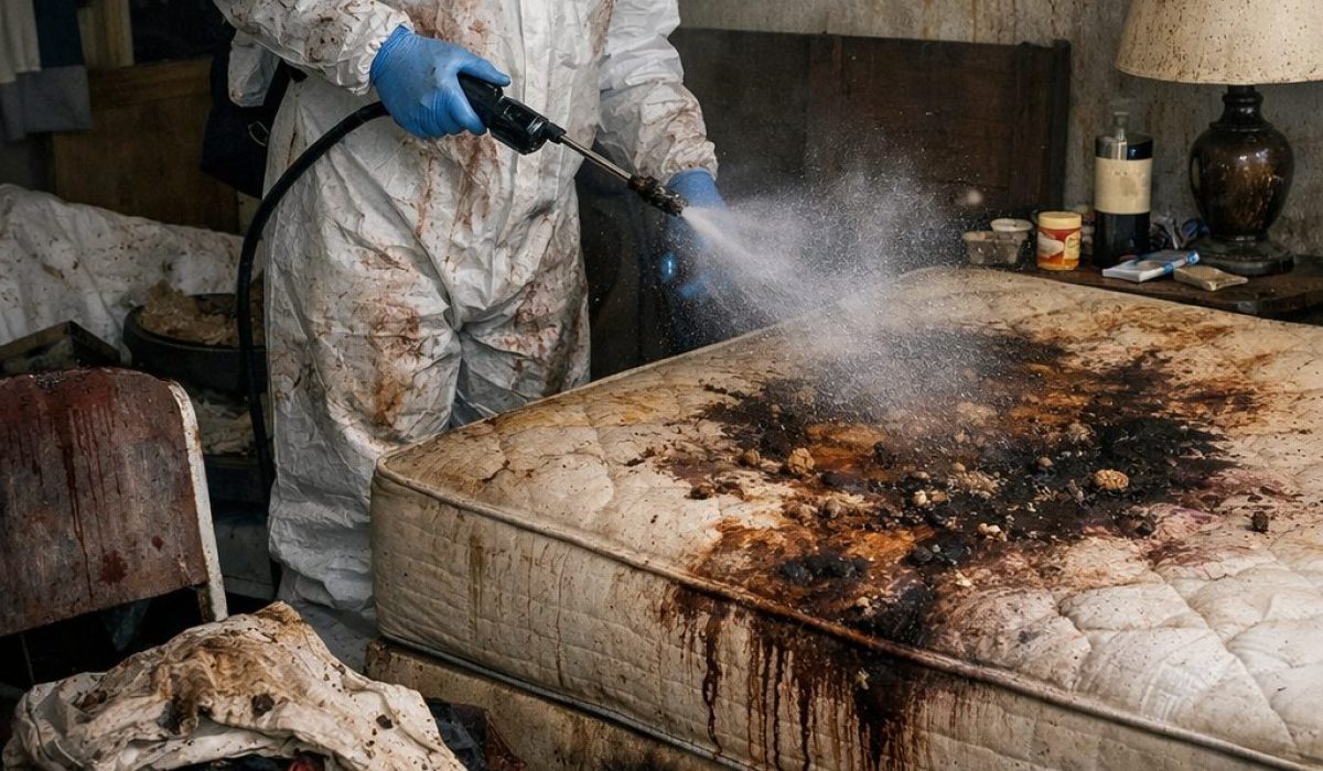 Technicien en tenue de protection réalisant la désinfection d’un logement après décès dans une chambre fortement contaminée