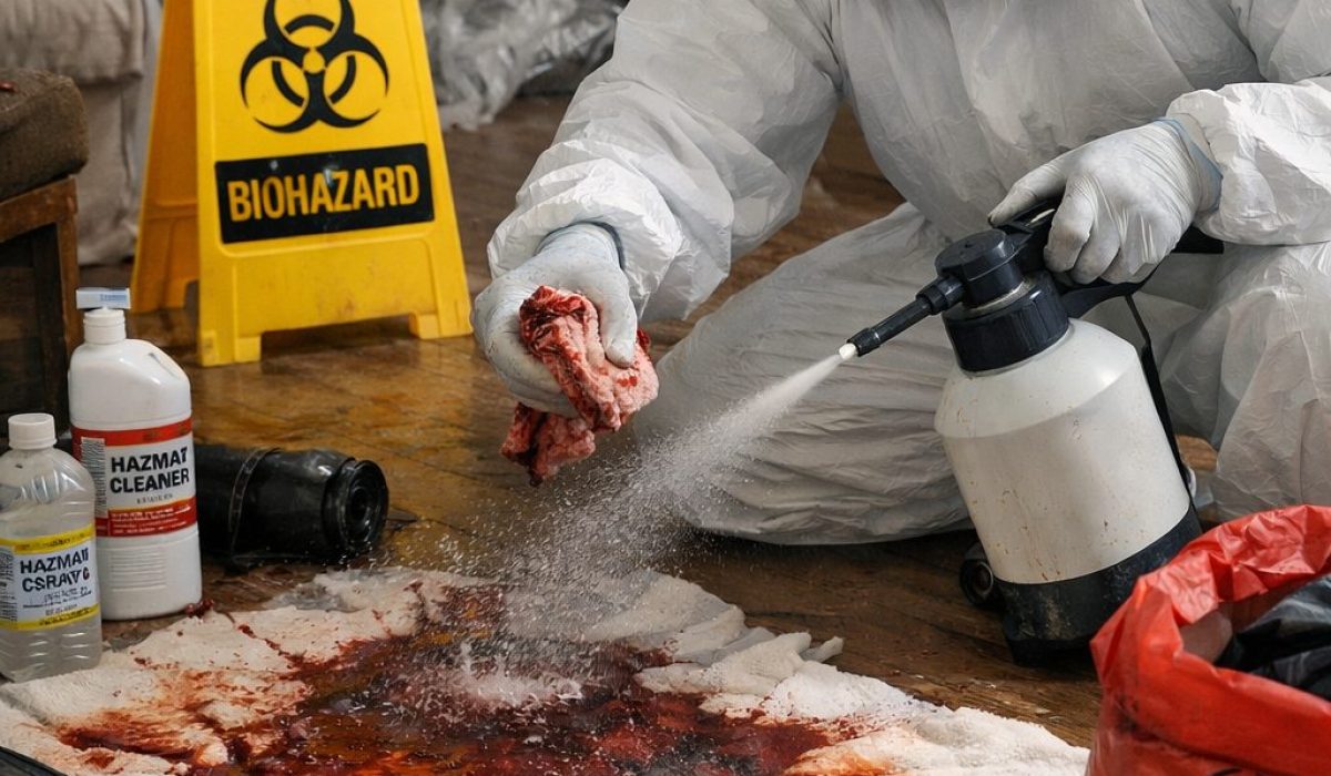 Technicien en combinaison de protection réalisant un nettoyage après décès avec gestion des fluides biologiques et protocole de sécurité