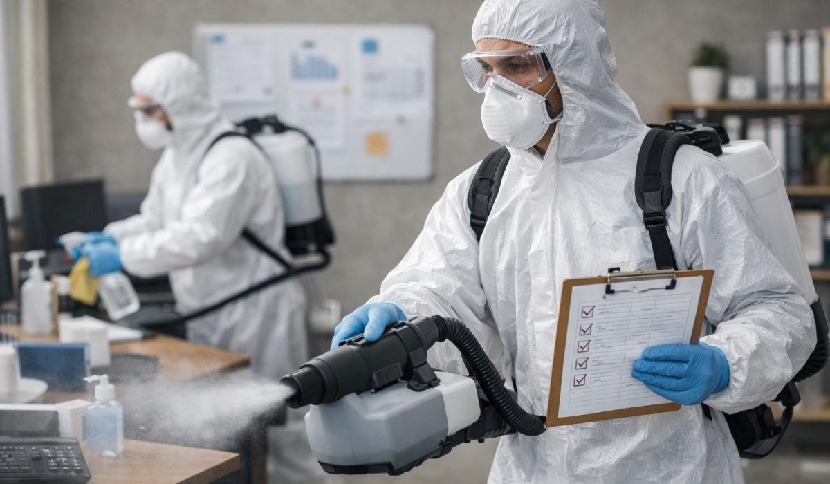 Techniciens en combinaison de protection réalisant une désinfection spécialisée dans un bureau avec contrôle du protocole et traçabilité des opérations