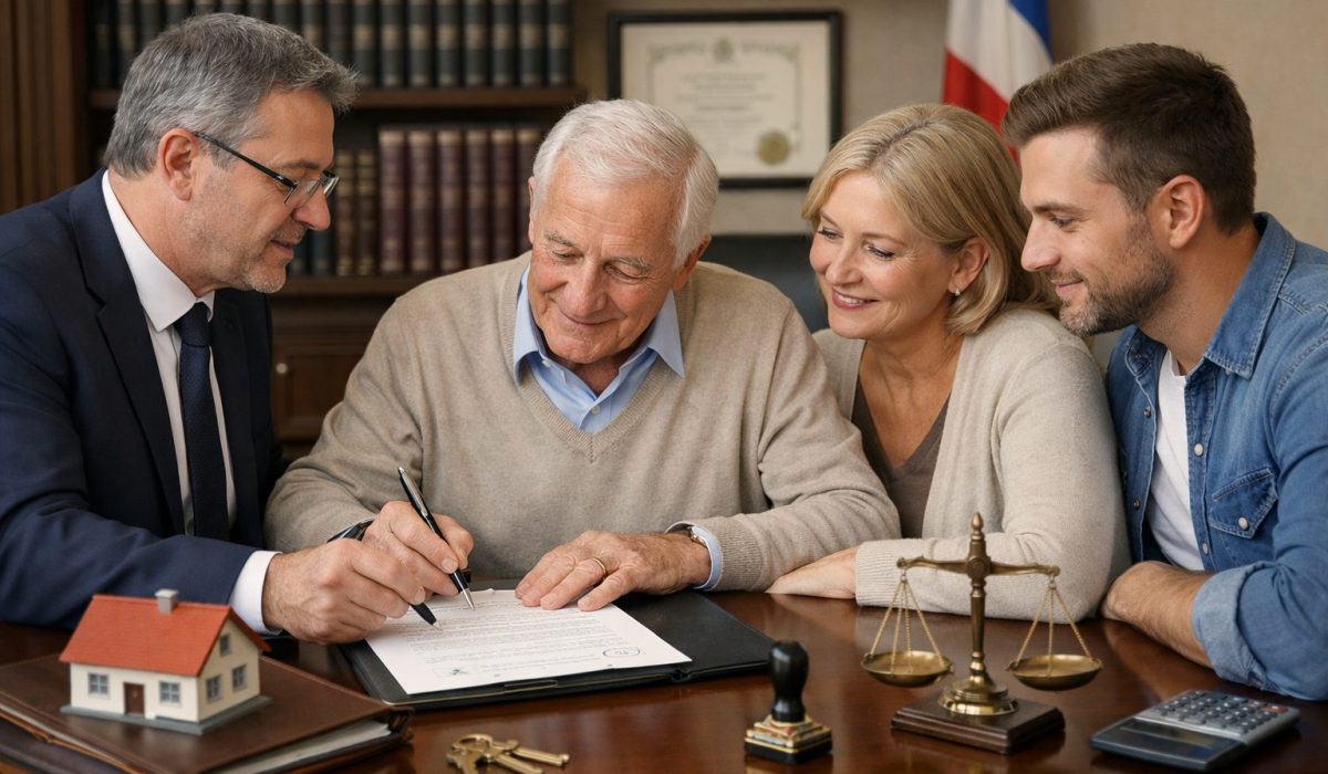 Famille en rendez-vous chez le notaire pour une donation-partage avec signature d’un acte de transmission patrimoniale