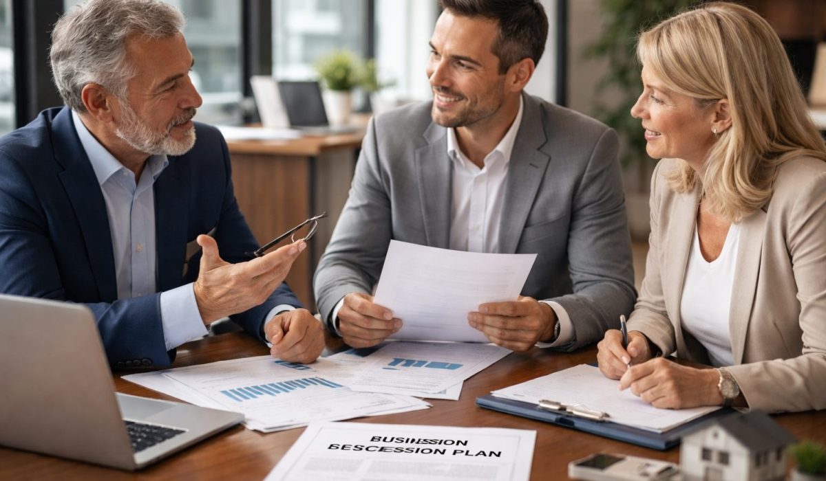 Réunion de transmission d’entreprise entre un dirigeant, un repreneur et une conseillère pour anticiper les mécanismes permettant d’éviter une vente forcée