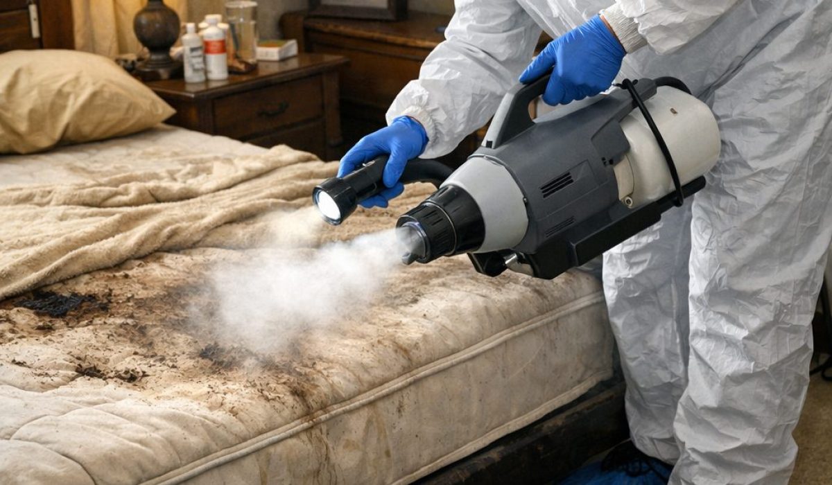 Technicien en tenue de protection réalisant une désinfection après décès naturel dans une chambre avec traitement du matelas et sécurisation de la zone