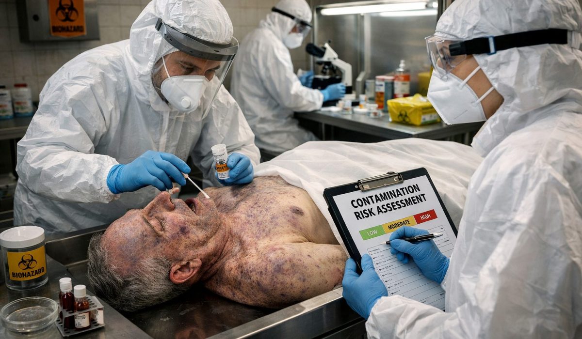 Experts en combinaison de protection évaluant le niveau de risque de contamination post-mortem autour d’un corps en morgue