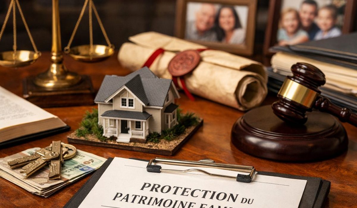 Protéger un patrimoine familial avec des solutions juridiques courantes, illustration réaliste avec maison, documents, clés et symboles de justice