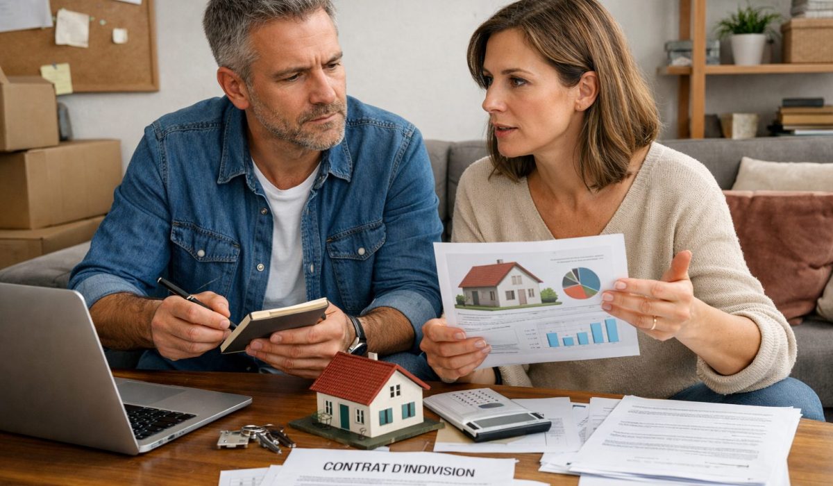 Illustration ultra réaliste de copropriétaires en indivision immobilière discutant de la gestion quotidienne d’un bien