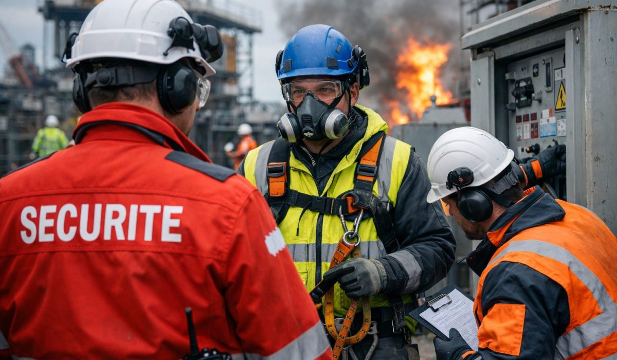 Intervenants équipés sur un site industriel avec équipements de protection, contrôle sécurité et intervention sur armoire électrique