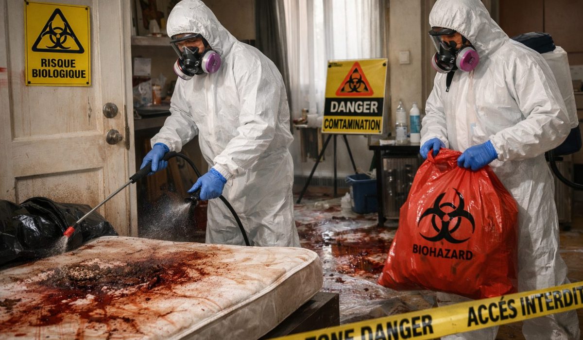 Techniciens en combinaison de protection réalisant une décontamination post-mortem avec mesures de sécurité sur intervention